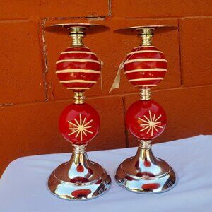 North Pole Trading Co Christmas Candle Holders Red White Silver 9" Tall NWT